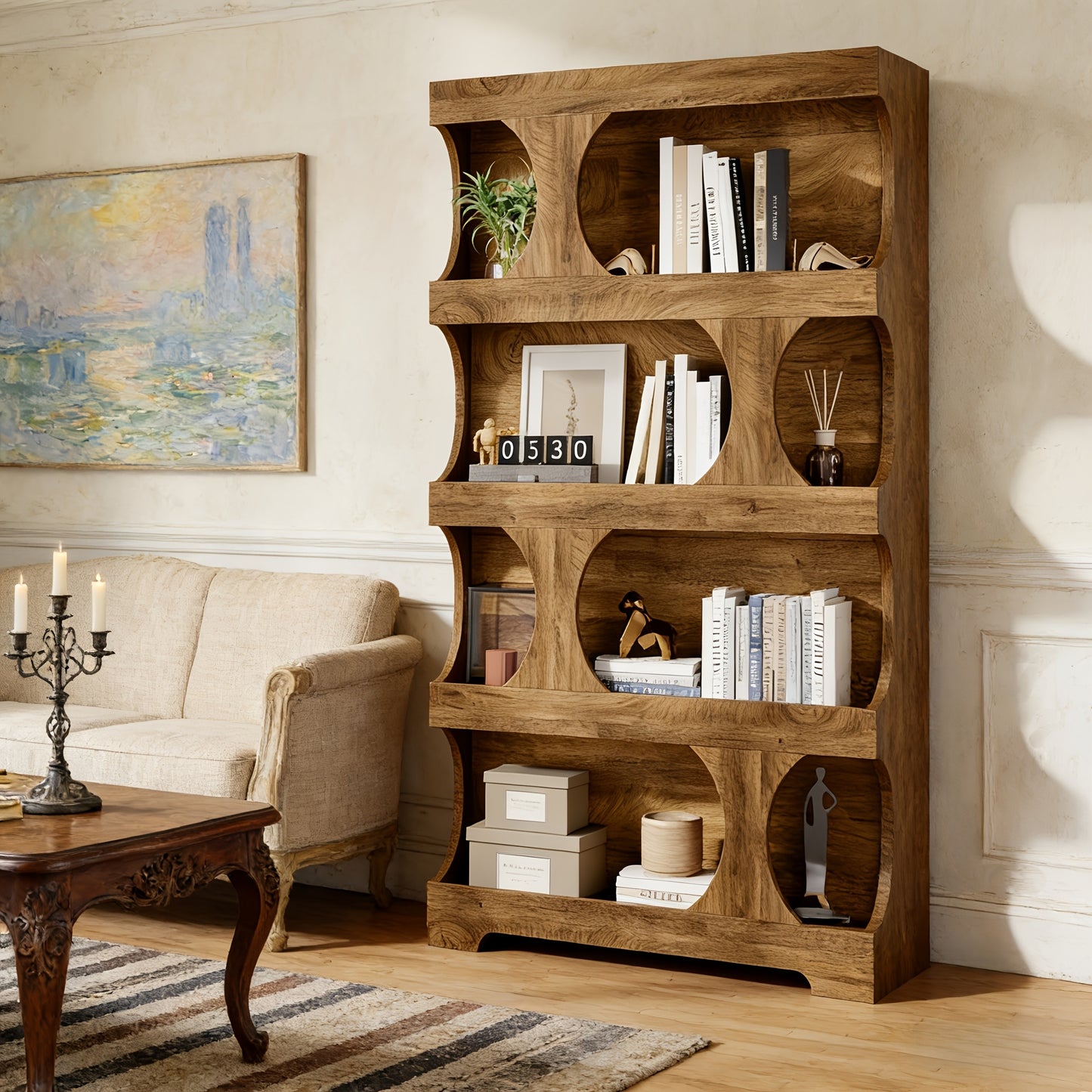 Artistic Curved Multi-Layer Bookshelf | Dual-Use Storage Shelf for Office & Home | Multi-Functional Organizer Display Rack | Brown Hardwood, 4 Shelves, Painted End, Floor Mount