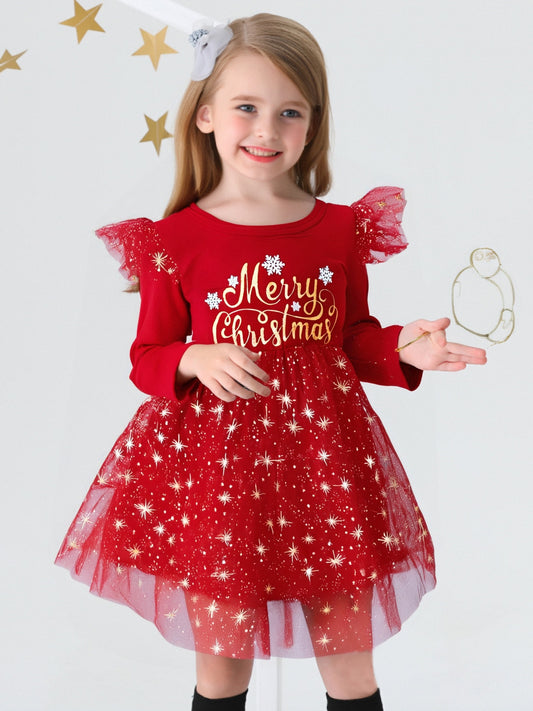 Toddler Girls' Sparkly Red Christmas Dress with Tulle Tutu Skirt & Headband - Long Sleeve Ruffled Sleeves, Merry Christmas Lettering & Star/Flower Embellishments, Knee-Length Flared Umbrella Skirt for Holiday Parties & Photo