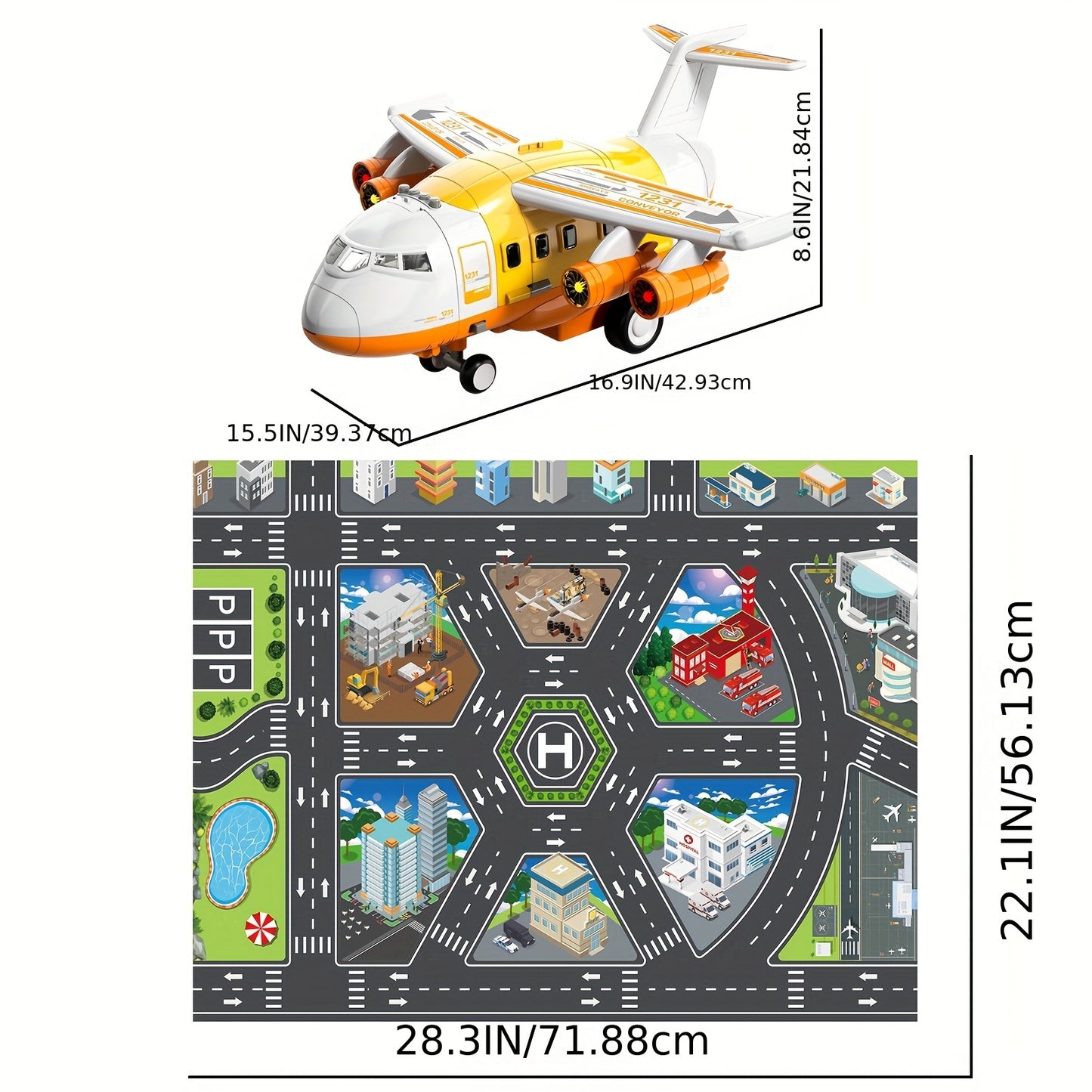 Educational Airplane with Steam Lights and 4 Cars in Yellow - Colorful Box Set