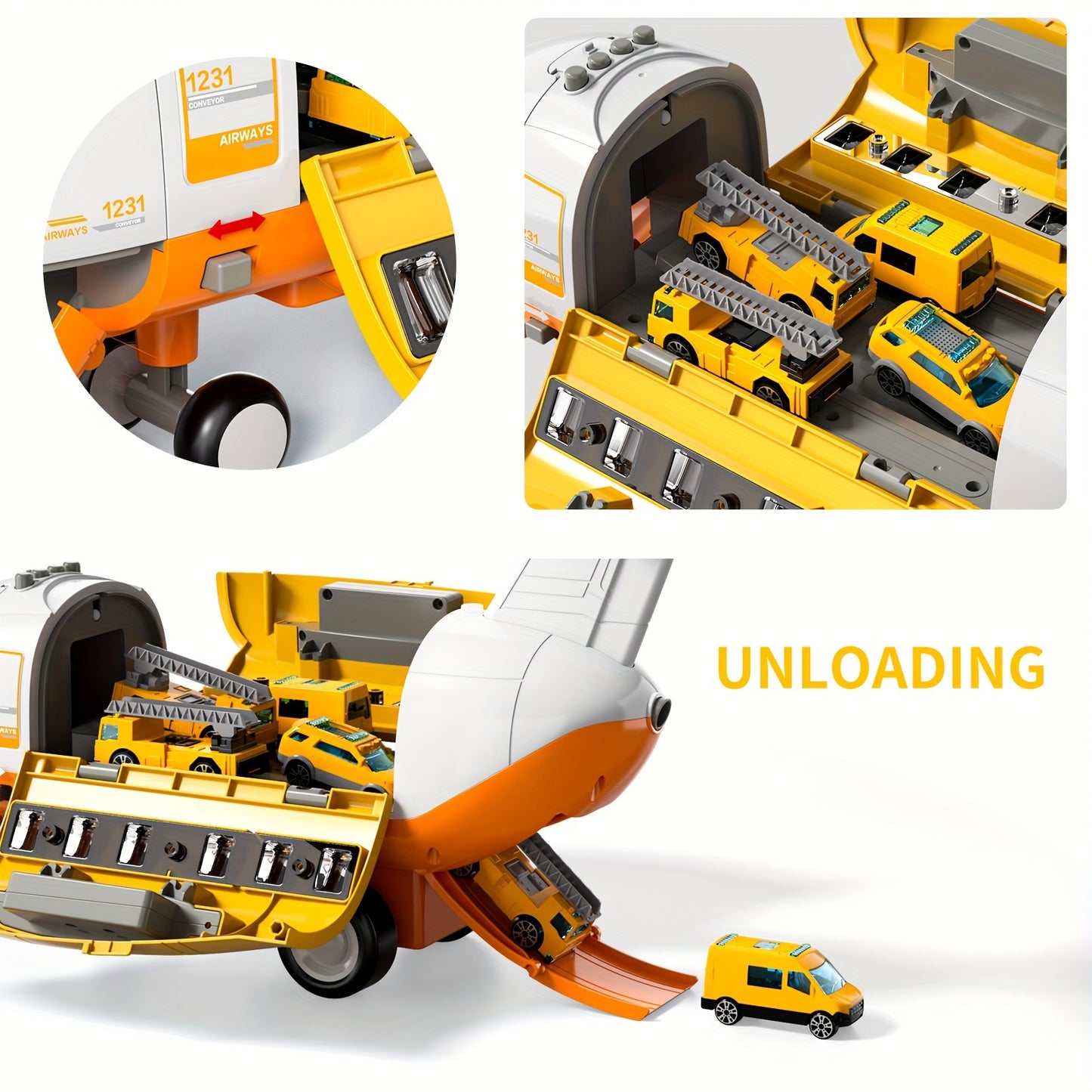 Educational Airplane with Steam Lights and 4 Cars in Yellow - Colorful Box Set