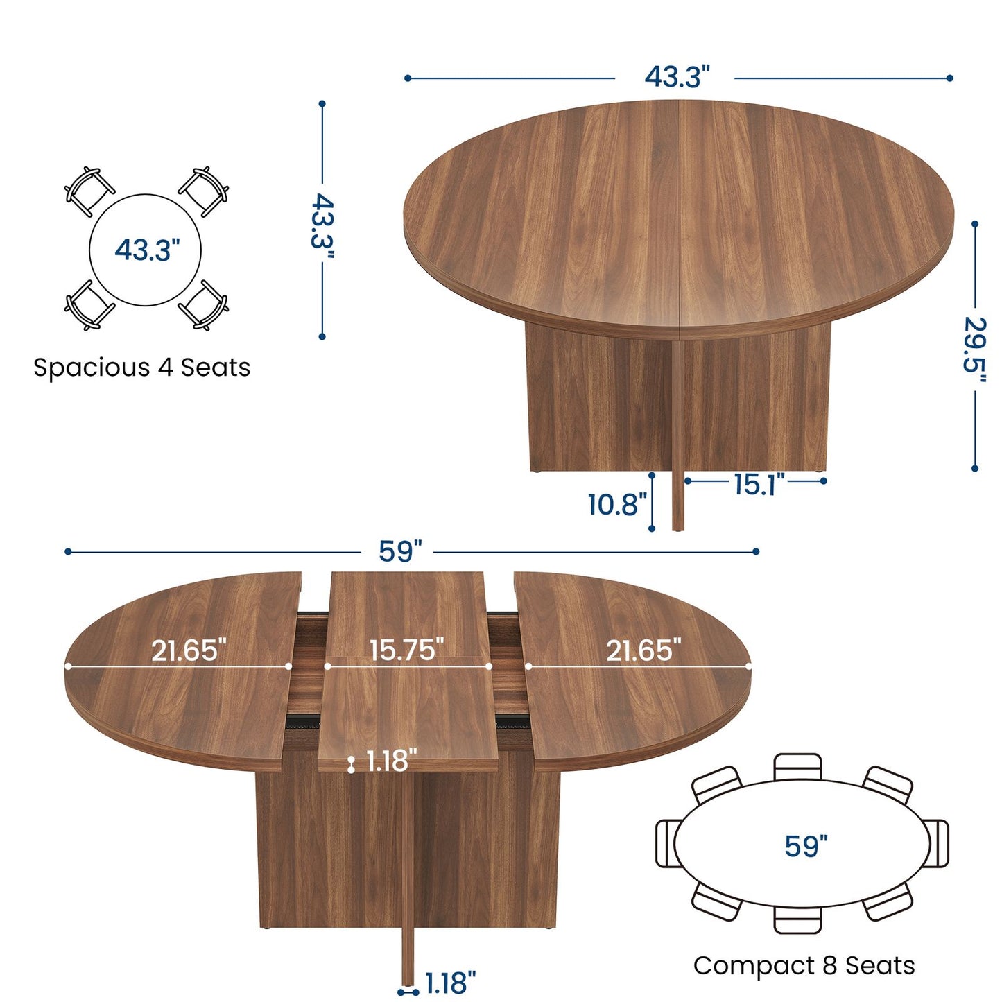 43.3-59 in Extendable Dining Table | Modern Black Round to Oval Design with Removable Leaves, Seats 4-8, Space-Saving for Kitchen and Living Room, Hardwood, GAOMON