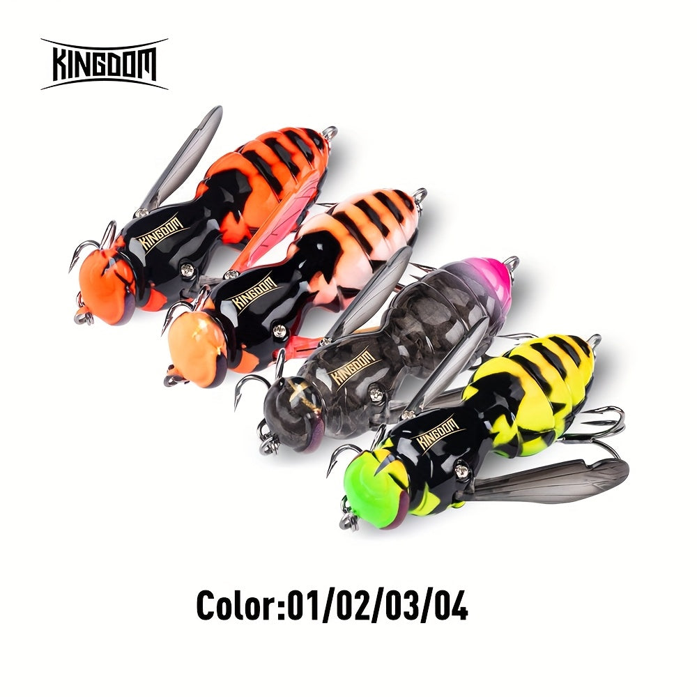 4pcs KINGDOM Floating Fishing Lures - Heavy-Duty ABS Hard Bass Bugs with Treble Hooks, Floating Fishing Baits in Orange/Black, Pink/Black, Yellow-Green/Purple - for Bass, Trout, Freshwater & Saltwater - Ideal for Beginners &