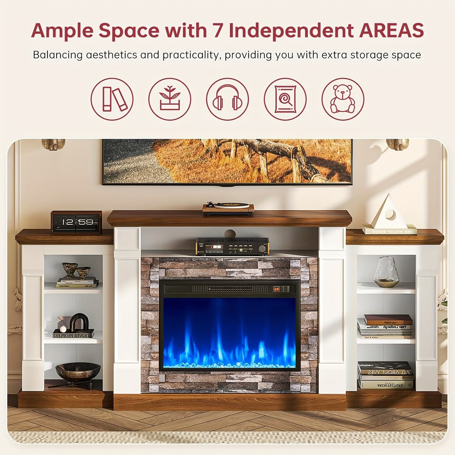 70-inch TV Stand With An Electric Fireplace And Mantel, A Contemporary Entertainment Unit Offering Open Storage, Remote Control, Adjustable Flames, And LED Lighting, Suitable For Living Rooms And Bedrooms And An Excellent New