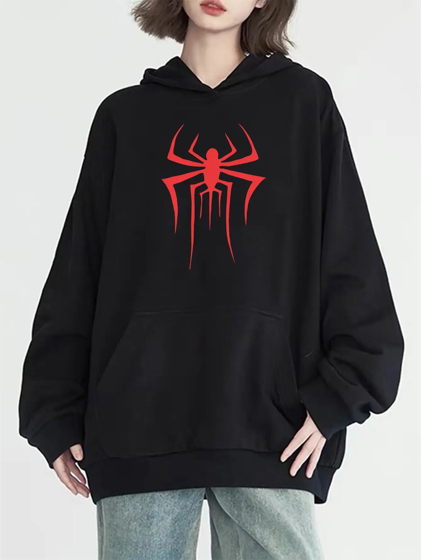 Spider Graphic Kangaroo Pocket Hoodie Casual Long Sleeve Hooded Sweatshirt Women's Top Fleece Sweatshirt