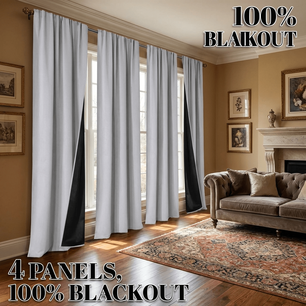4 Panels Rod Pocket Blackout Curtains | 100% Light Blocking, Thermal and Protection, Privacy-Enhancing for All Rooms, Polyester, Modern Style