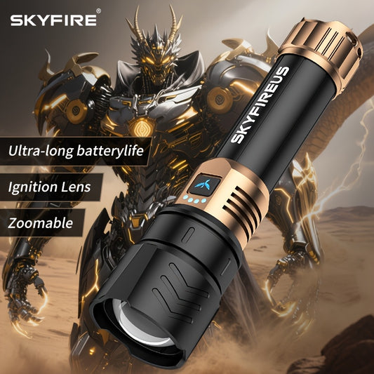 SKYFIRE LED Flashlight High Lumen, Super Bright Rechargeable Flashlight, with Ignition Lens, Adjustable Focus, Four Modes, Suitable for Camping, Outdoor, Farm, Family Use