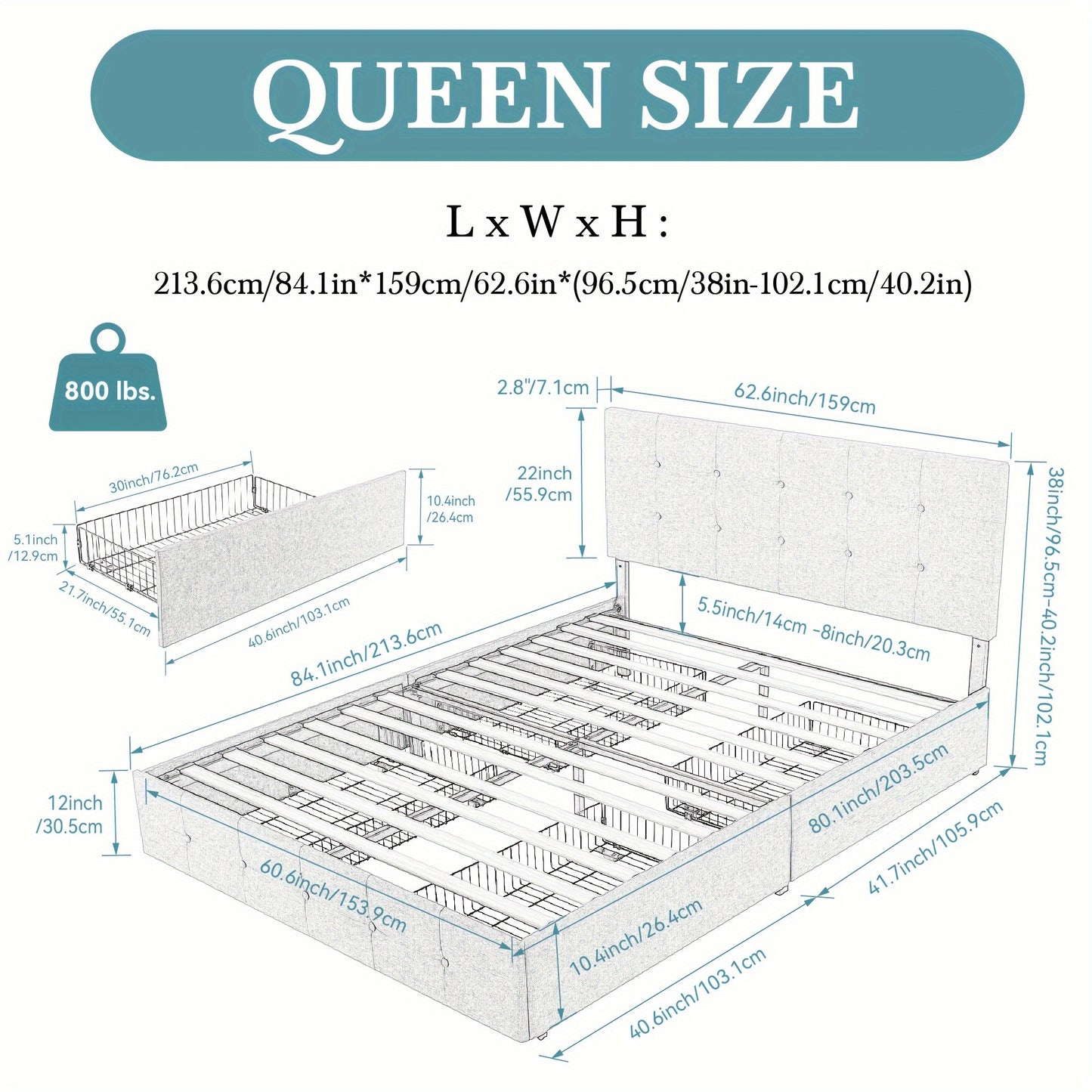 HOOMIC Full/Queen/King Size Platform Bed Frame with 4 Storage Drawers & Adjustable Headboard - Contemporary Square Stitched Button Tufted Design, Noise-Free Wooden Slats, No Box Spring Needed, Easy Assembly, Recycled Wood & M