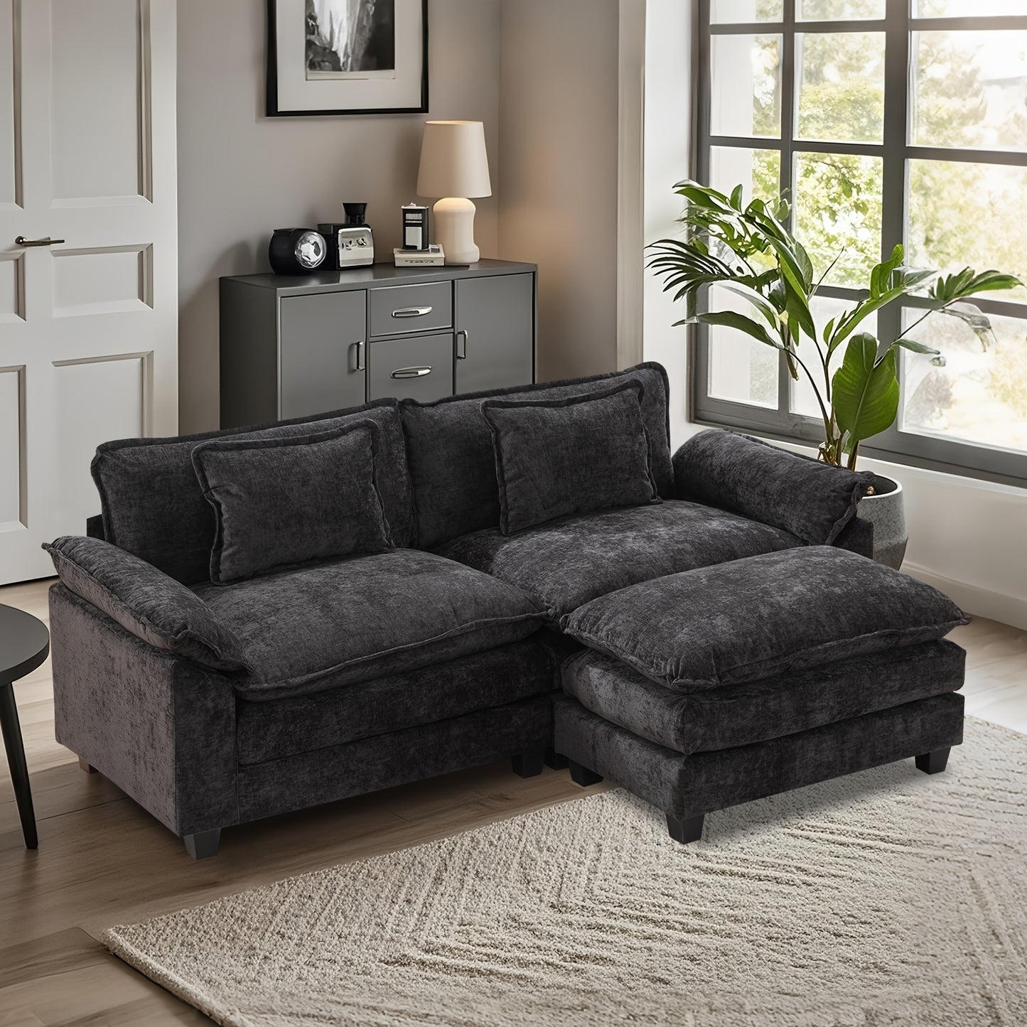 86'' Sectional Sofa, Modular Loveseat Sofa with Ottoman, Chenille Cloud Couch, Upholstered Deep Seat Sofa for Living Room, Apartment