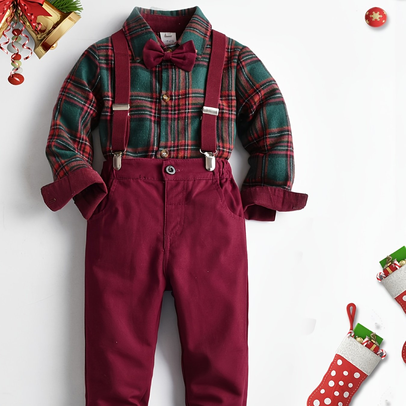 Foreign Trade Cross-border Infant Clothing Autumn And Winter New 's Baby Boy Long Sleeve Shirt Suit European And American Christmas Plaid Shirt Triangle Suspender Pants Leisure-piece Suit, Perfect for Outdoor