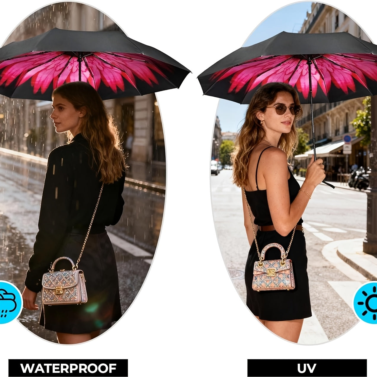 Automatic Open/Close Windproof Compact Travel Umbrella with UPF 50+ Sun/, Lightweight Portable Automatic Umbrella Suitable for All-Season, Shield &, Carry Sleeve, 10 Fiberglass Ribs & 210T Pongee Canopy