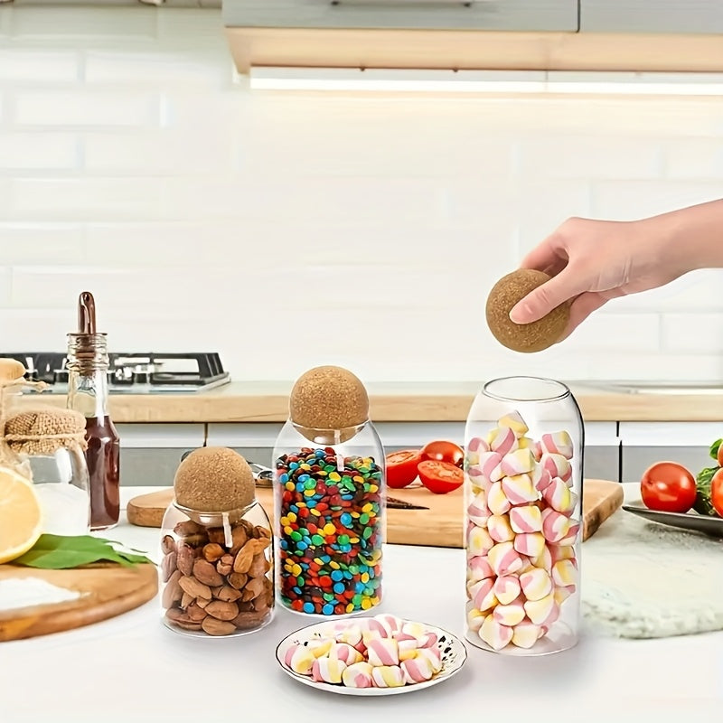 3pcs Glass Storage Container With Spherical Cork Stopper, 17 Oz/500ml Glass Jar, Perfect For Storing Tea, Flowers, Nuts, Candies, Etc. - A Must-have For Kitchen Organizing