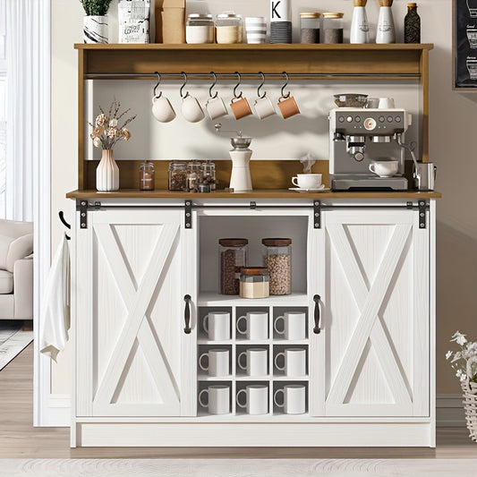 47 Inch Washed Gray, White, Oak Farmhouse Coffee Cabinet, With 9 Racks And 6 Hooks, , Kitchen Coffee Cabinet With Hutch And Sliding Barn Door For Living Dining Room, Washed Gray, White, Oak
