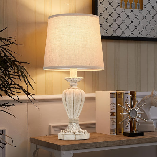Pair of 19-Inch Farmhouse Table Lamps, Rustic Nightstand Lamps for The Bedroom, White Traditional Bedside Desk Lamps Featuring Vintage Beige Fabric Shades Suitable for The Living Room