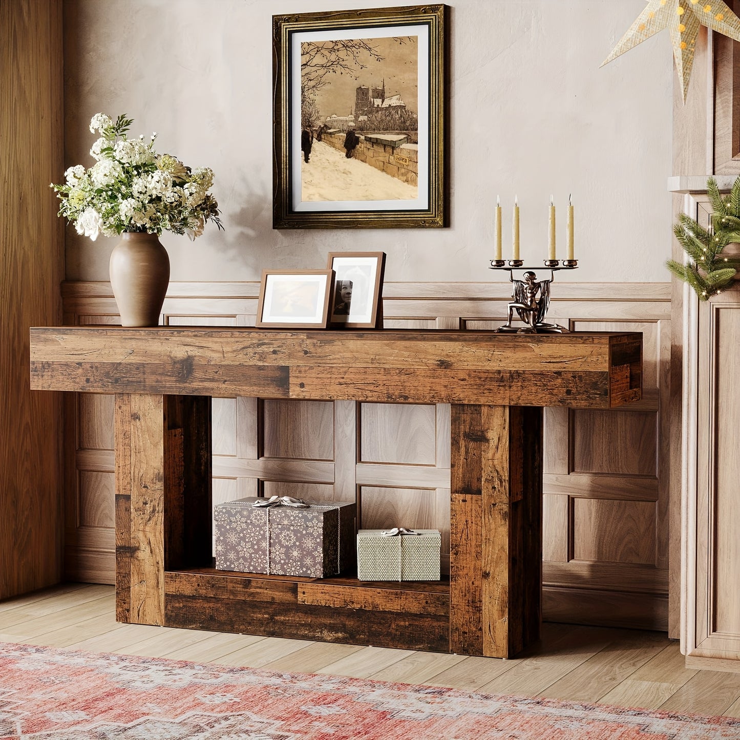 63-Inch Long Console Table, 2-Tier Entryway Table Sofa Table with Storage, Farmhouse Wood Behind Couch Table for Living Room, Hallway, Rustic Mixed Brown