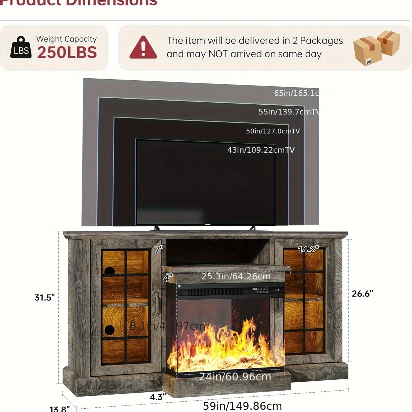 Fireplace TV Stand With 3-Sided Glass: 59'' Media Console For TVs Up To 65'' - Adjustable LED Flame, Glass Door Entertainment Center For Living Room-Grey