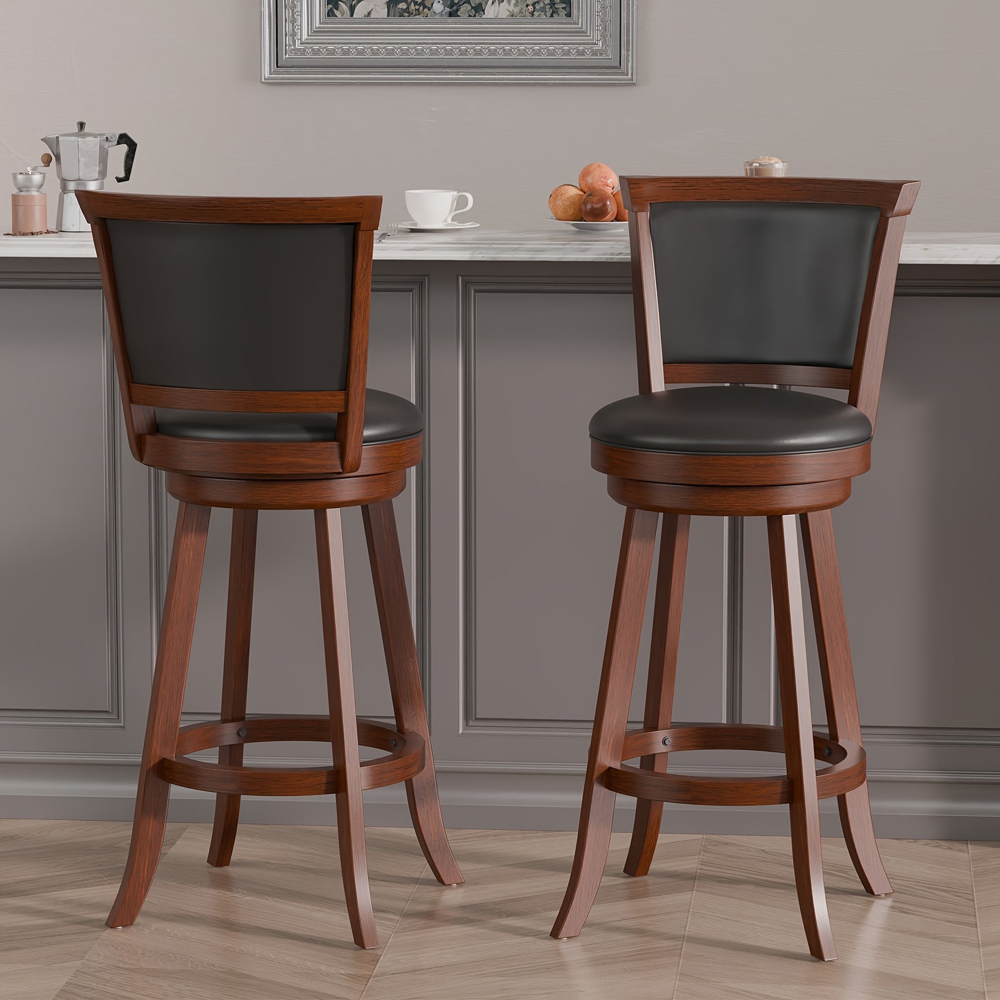 High Back Swivel Bar Stools, Bar Height Swivel Stools with Grey Faux Leather Upholstered Seat & Solid Wood Footrest, Counter Bar Chairs for Pub, Bar, Kitchen Island, Set Of 2