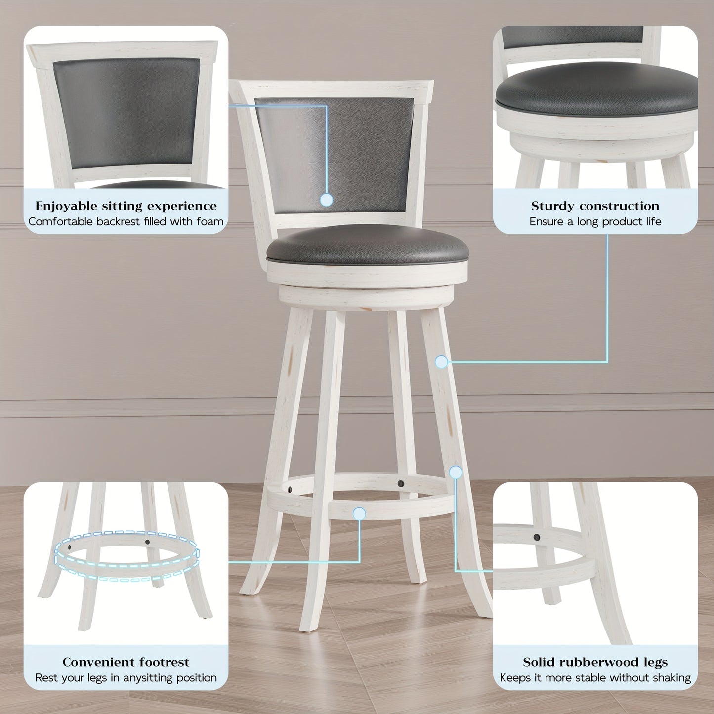 High Back Swivel Bar Stools, Bar Height Swivel Stools with Grey Faux Leather Upholstered Seat & Solid Wood Footrest, Counter Bar Chairs for Pub, Bar, Kitchen Island, Set Of 2