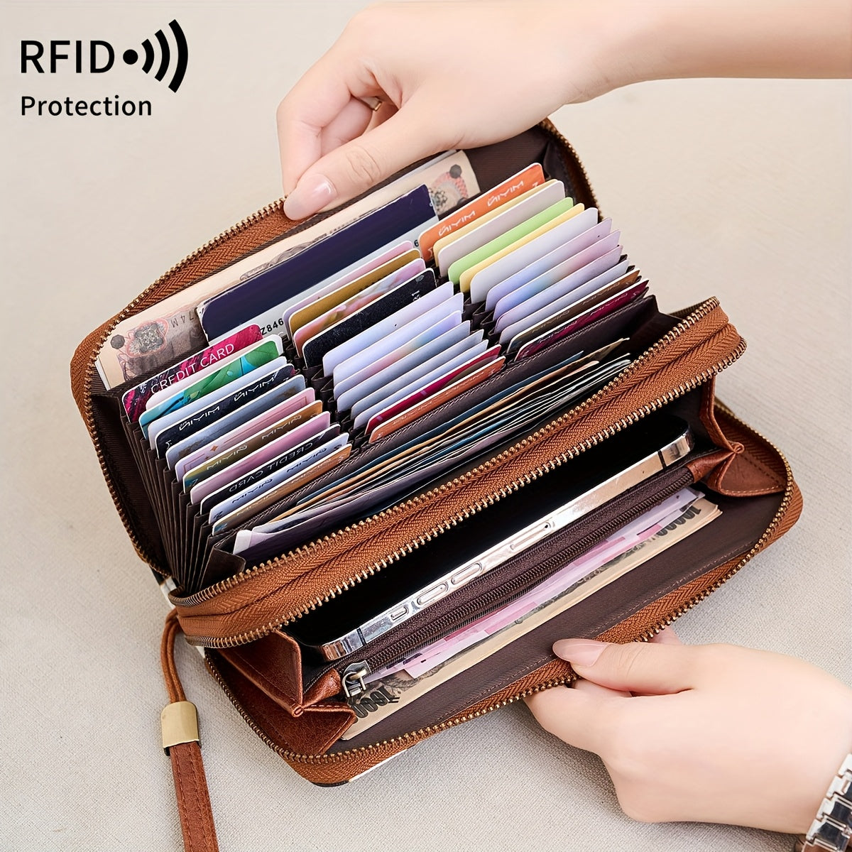 Retro Leopard Print Women'S Double Zipper Multi-Slot Large-Capacity Wallet, Fashion Handbag, Lining, RFID Blocking, Multi-Function Credit Card Clip, Women'S Clutch Bag with Wristband, Birthday Gift, Valentine'S Day Gift