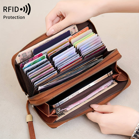 Retro Leopard Print Women'S Double Zipper Multi-Slot Large-Capacity Wallet, Fashion Handbag, Lining, RFID Blocking, Multi-Function Credit Card Clip, Women'S Clutch Bag with Wristband, Birthday Gift, Valentine'S Day Gift