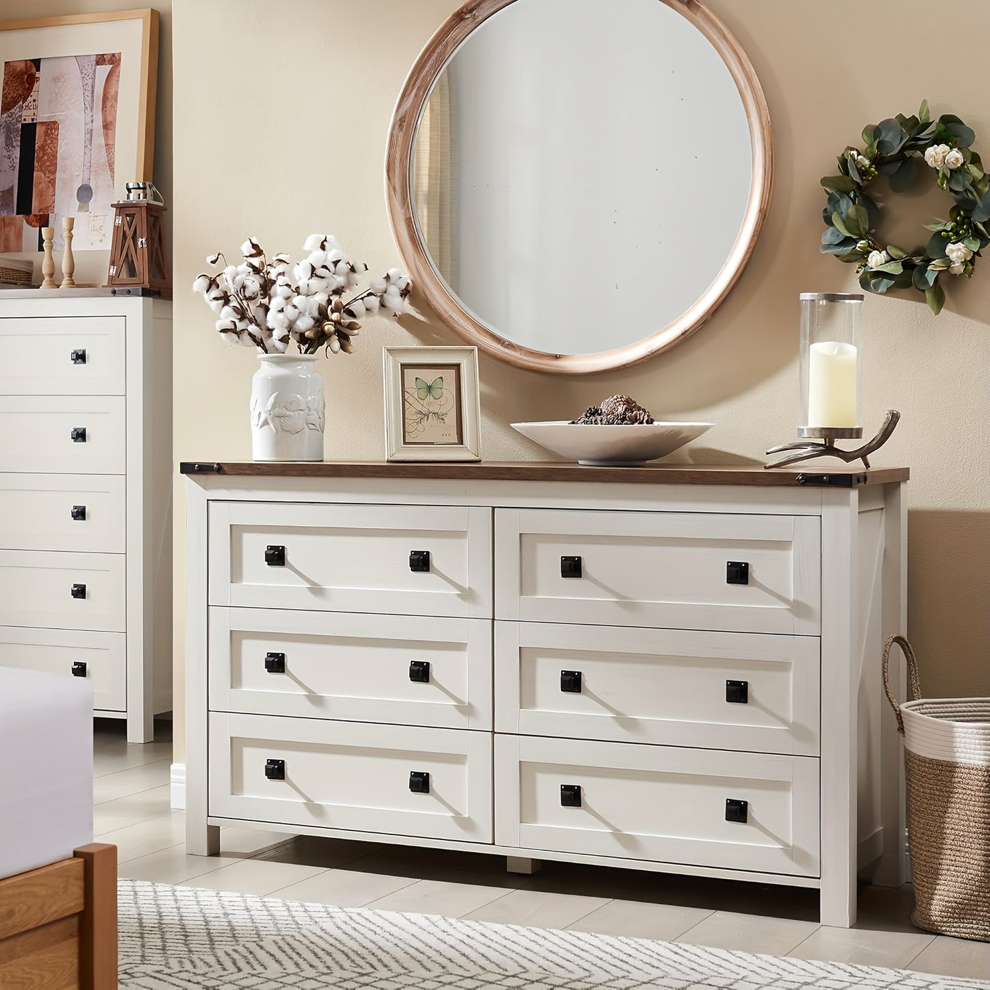 6-Drawer Solid Wood Dresser - Rustic Wide Chest of Drawers with Black Knobs, /Beige, Heavy-Duty, 27"+ Height -Standing for Bedroom, Living Room, Hallway Organizer (Assembly Required)