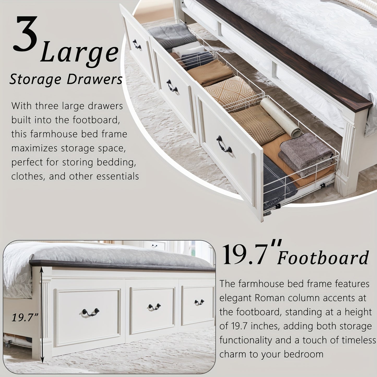 Farmhouse King/ Queen/ Full Size Bed Frame with Tall Headboard, Wood Platform Bed Frame with 20" Tall Roman Column Decoration Footboard & 3 Large Storage Drawers, No Box Spring Needed