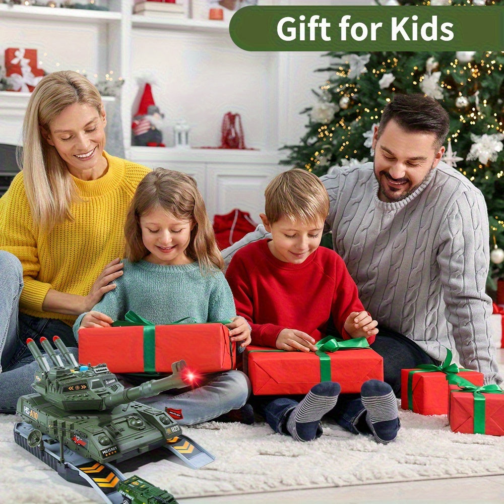 A Military Vehicle Set, Featuring Combat Tank Toys with Realistic Lights And Sounds, Includes 6 Mini Alloy Military Vehicles And Soldier Figurines, Making It a Perfect Gift for Kids.