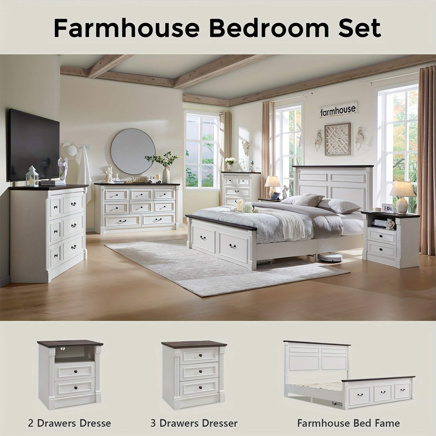Set of Two 26-Inch Tall Farmhouse Nightstands Featuring Two Drawers And a Charging Station, a Large 23.6-Inch Wide Side Table with a Roman Column Design, a Rustic Wooden Sofa Table with an Open Shelf, And a Bedside Table Suit