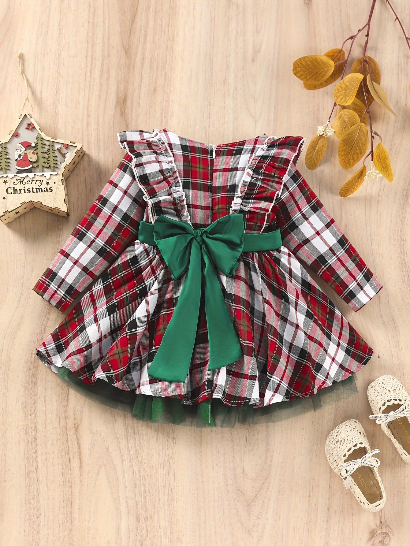 Red Plaid Baby Girl Dress with Green Sash & Tulle Skirt, Halloween Christmas Party Outfit for Toddler Photo Shoot