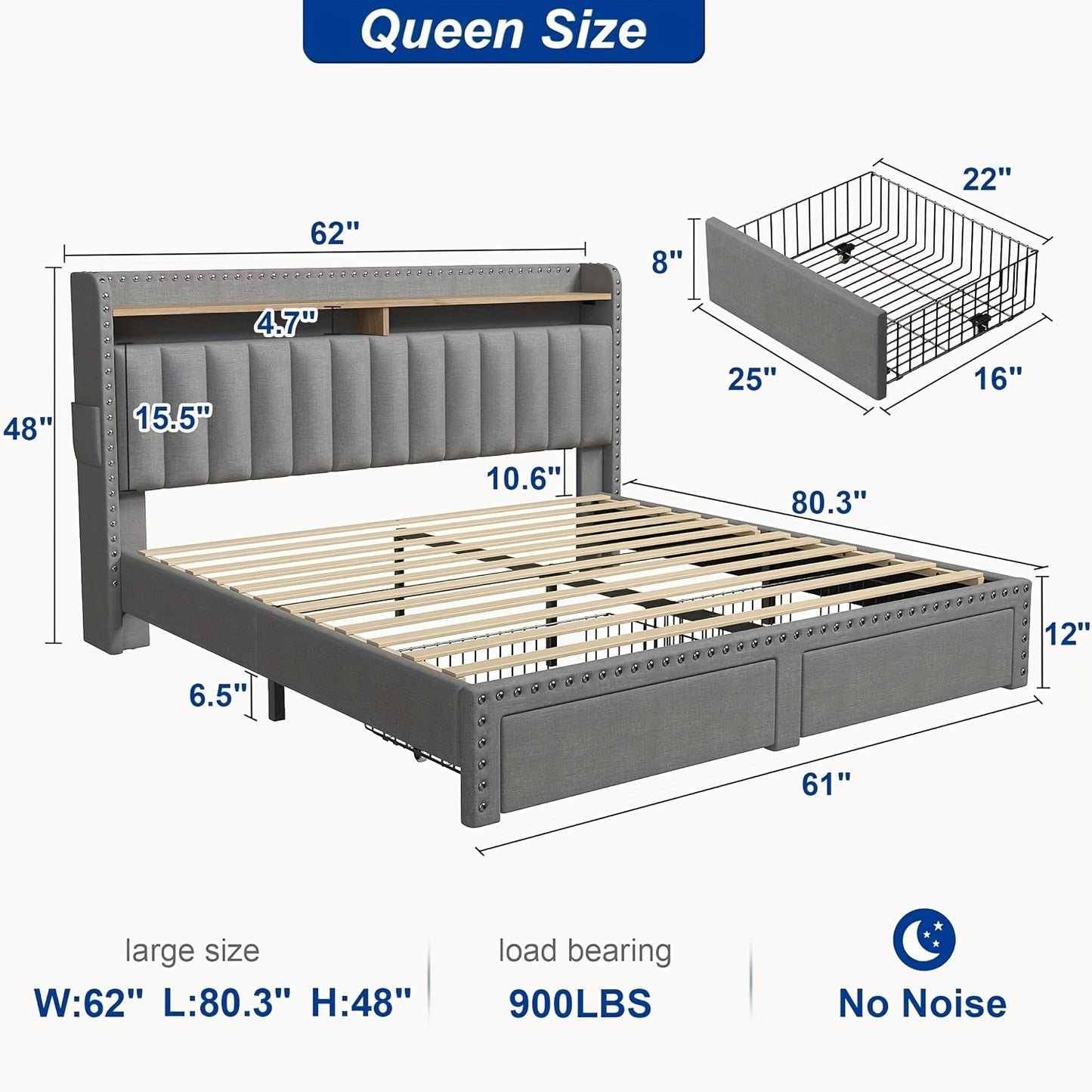 Soft Upholstered Bed Frame with 2 Storage Drawers Full/Queen/King Size Low Profile Platform Bed Base, Heavy Duty 1000lbs Steel Frame, No Box Spring Needed for Apartments/Dorms | Easy Assembly (Gray/Beige)