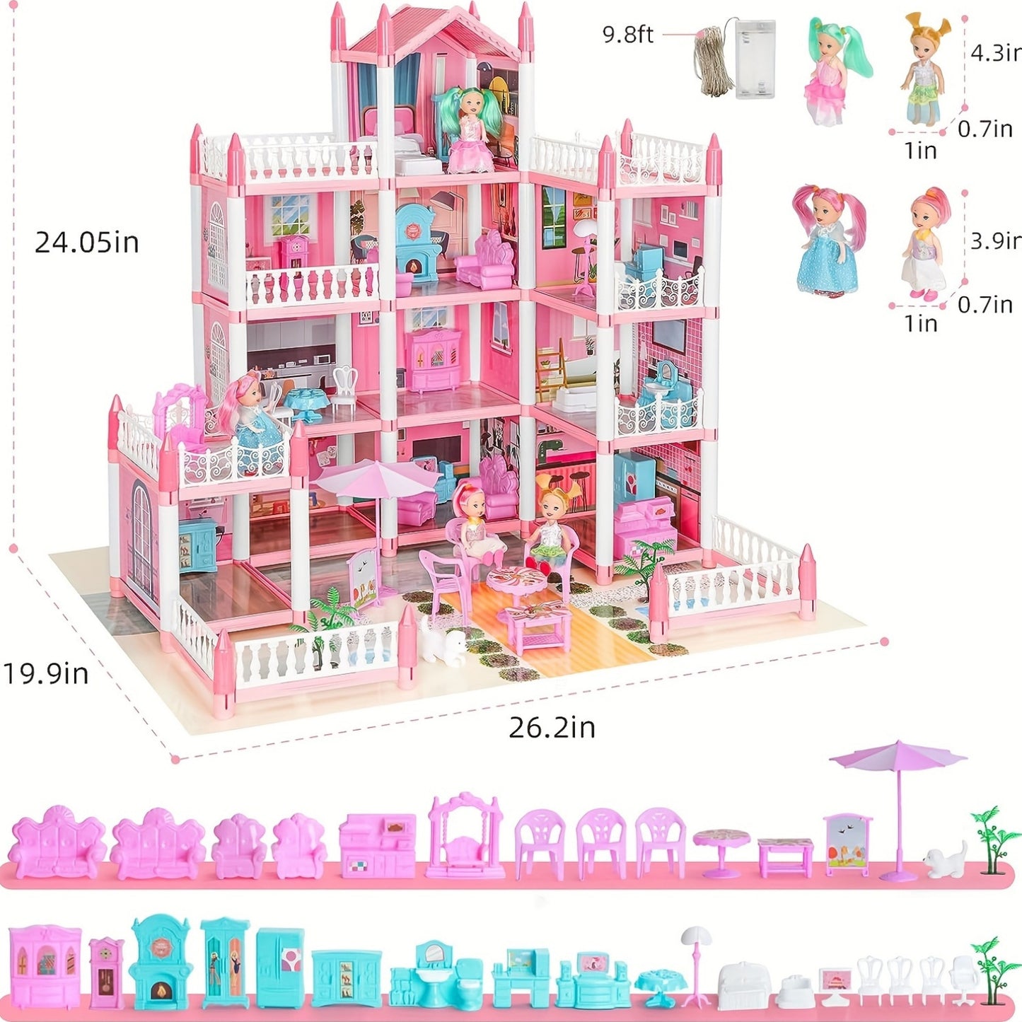 Doll House, Dollhouse for Girls Pretend-Play DIY Dollhouse Kit - 4-Story 11 Rooms Playhouse with 4 Dolls Toy Figures, Furniture And Accessories Set Gift Toy for Kids Ages 3 4 5 6 7 8+