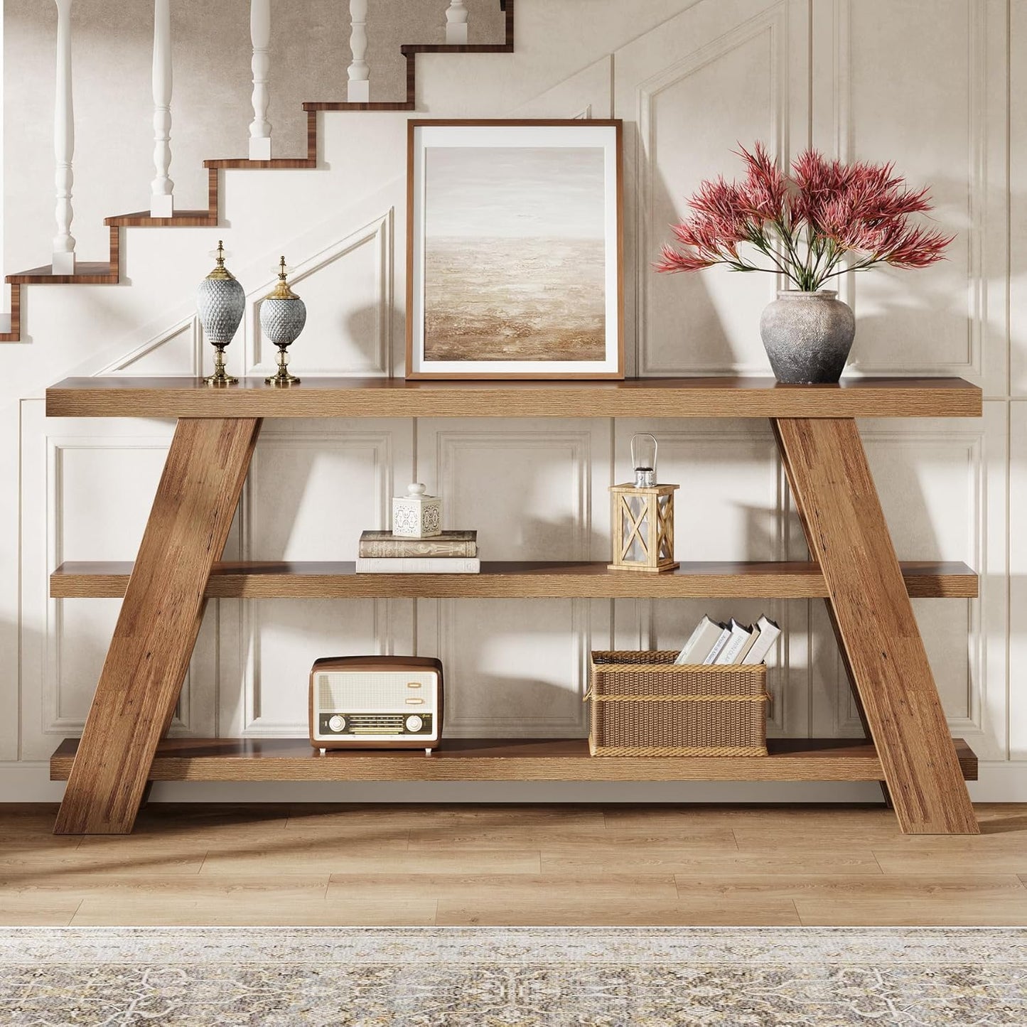 70.9" Extra Long Farmhouse Console Table with 3-Tier Storage - Narrow Sofa Table Behind Couch, Engineered Wood Entryway Hallway Table with Spacious Top & Lower Shelf, Easy Assembly, Brown for Living Room, Foyer, Behind Sofa -