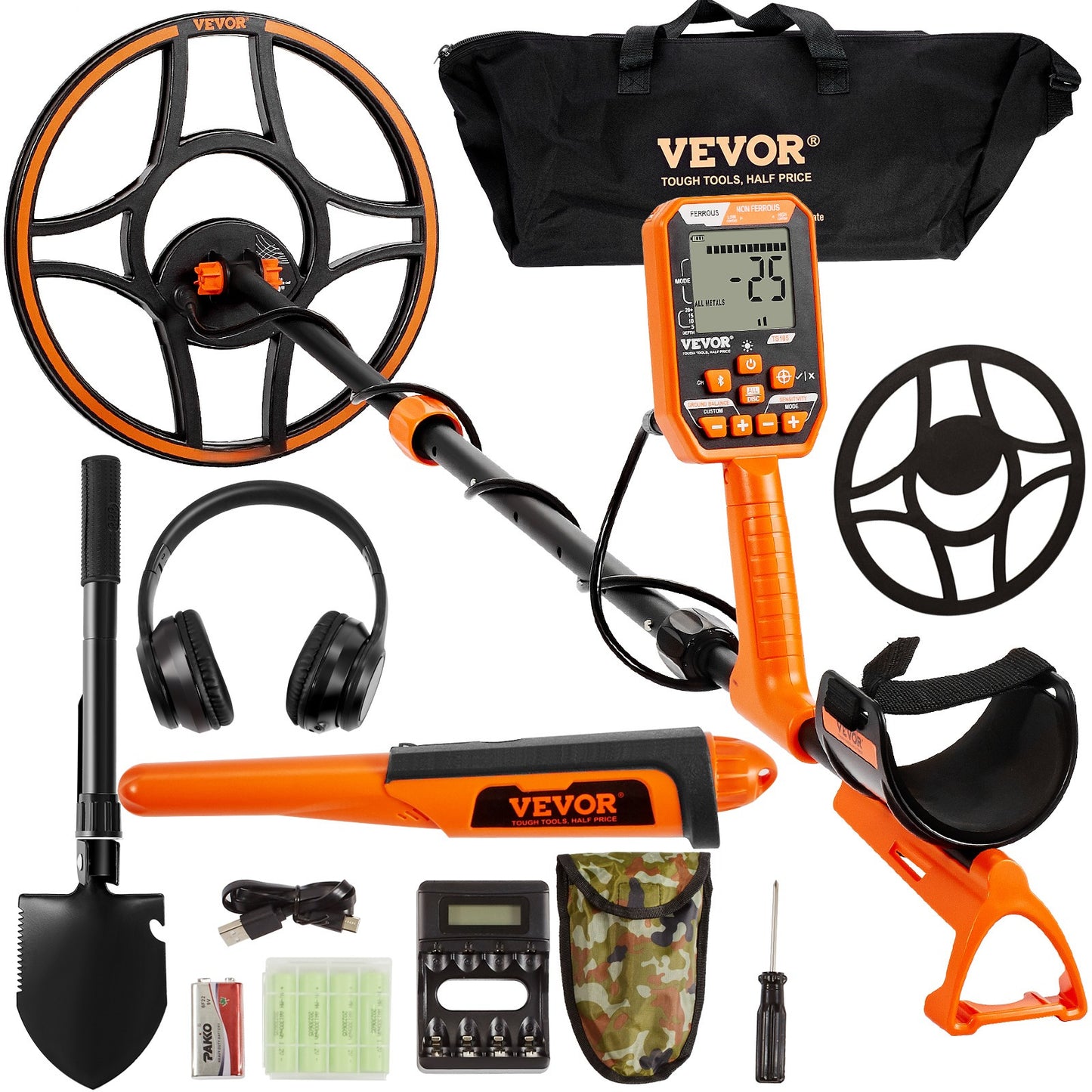 VEVOR Metal Detector, 12" Coil, Professional Rechargeable Gold Detector, 39-50 in Adjustable with LCD 7 Modes Advanced DSP Chip Bluetooth Headset, Detecting Gold Treasure Hunting