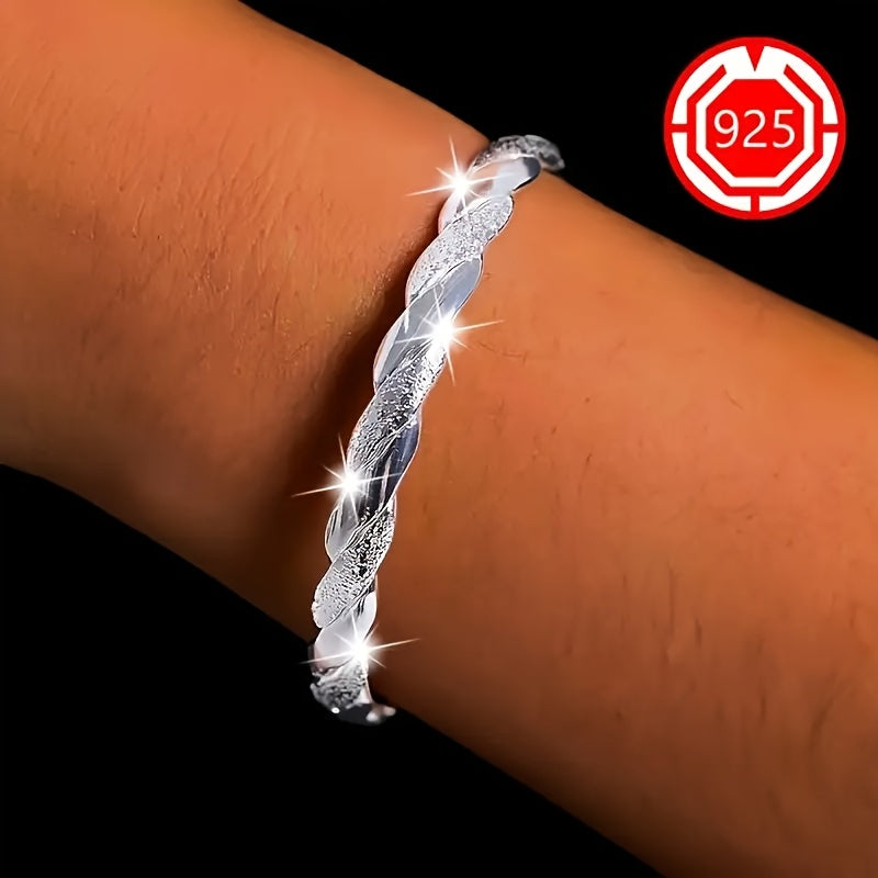 925 Sterling Silvery Elegant Twisted Cuff Bracelet for Women, Hypoallergenic Open Bangle with Textured Matte Finish, Versatile Chic Jewelry for Daily Wear, Festivals, Christmas