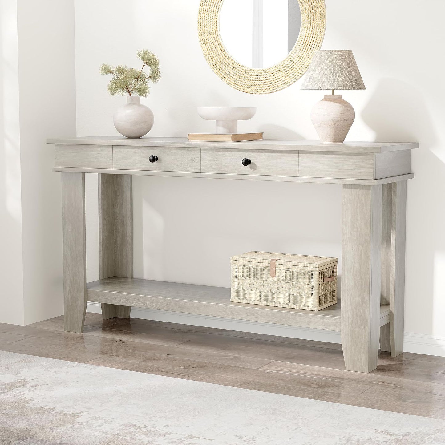 54 Inch Modern Farmhouse Entryway Console Table | 2 Drawers and 2-Tier Storage Shelf, Narrow Long Sofa Table for Hallway or Behind Couch, Reinforced L-Shape Legs, Grey, Hardwood, Classic Style by GAOMON