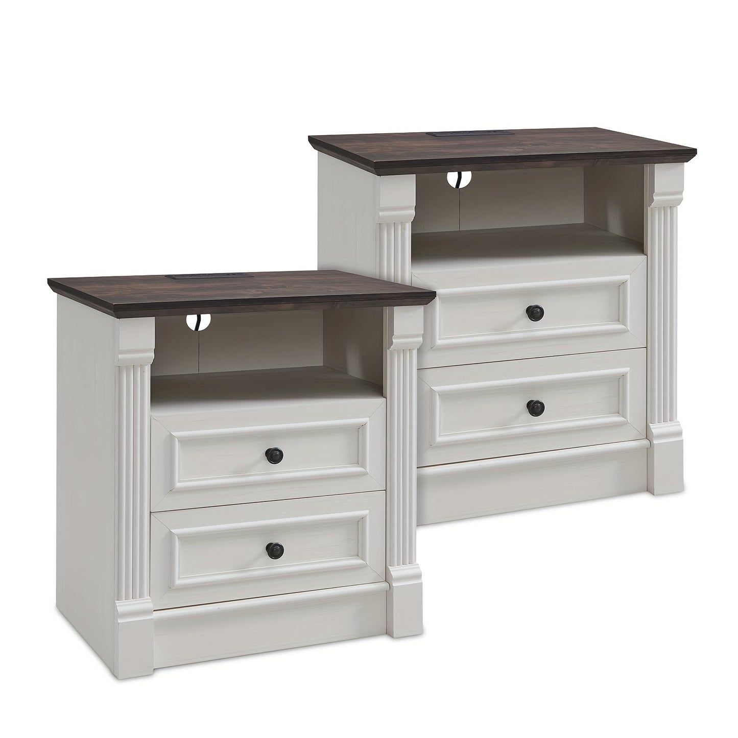 Set of Two 26-Inch Tall Farmhouse Nightstands Featuring Two Drawers And a Charging Station, a Large 23.6-Inch Wide Side Table with a Roman Column Design, a Rustic Wooden Sofa Table with an Open Shelf, And a Bedside Table Suit