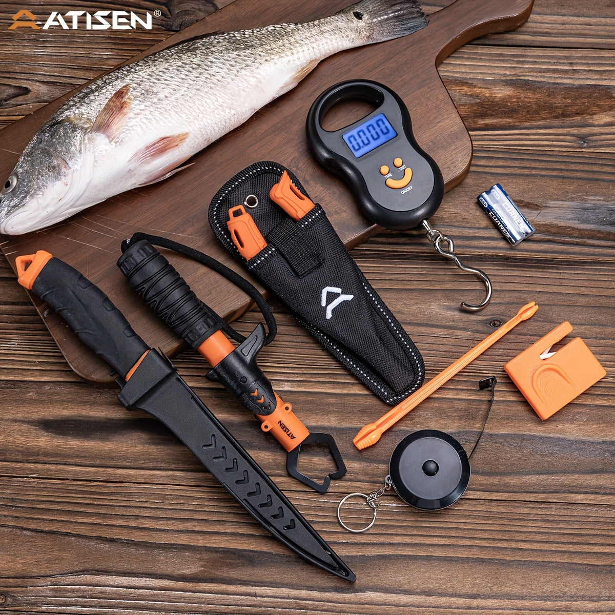The ATISEN Professional Multifunctional Fishing Tool Set Includes Serrated Knives, an Electronic Scale, a Fish Control Device, a Hook Remover, a Sharpening Tool, And Other Additions. It'S a Must-Have for Fishing Enthusiasts,