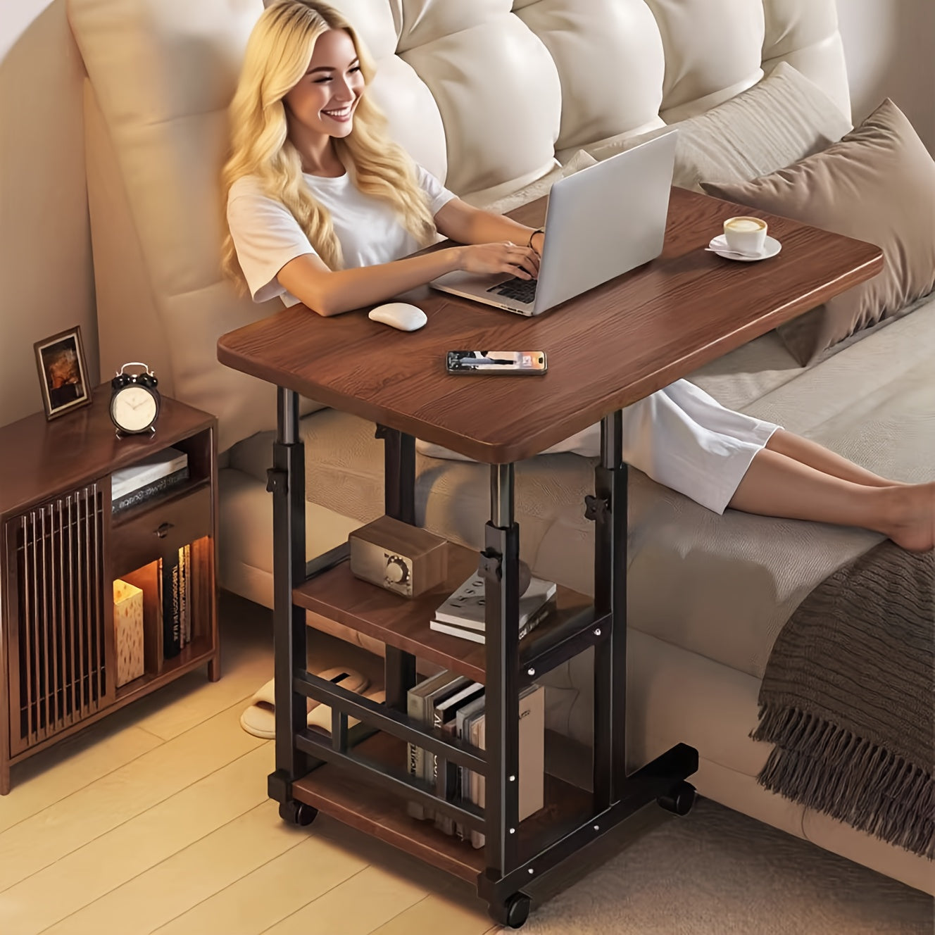 Height Adjustable Rolling Table with Storage Shelves - Heavy-Duty Wood/Metal Construction, Modern Mobile Desk with Casters, Space-Saving Design for Home Office, Bedside, Laptop Workstation & Small Spaces - Easy Assembly, Engi