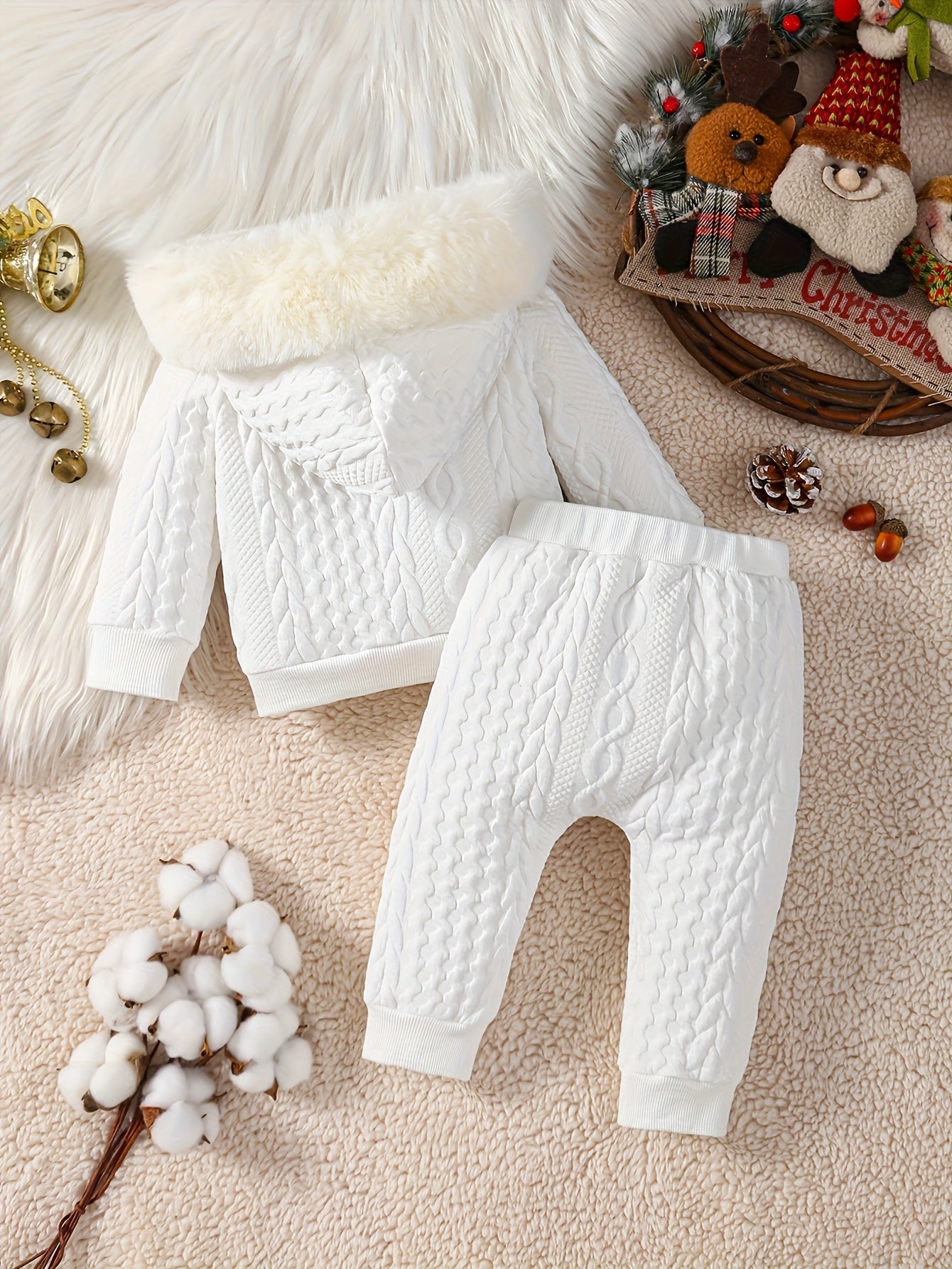 Christmas New Letter Antler Embroidery Knitted Pattern Solid Color Ribbed Hoodie with Fur Collar Long Pants Set for Baby Boys Winter Warmth And Cute, Perfect for Outdoor
