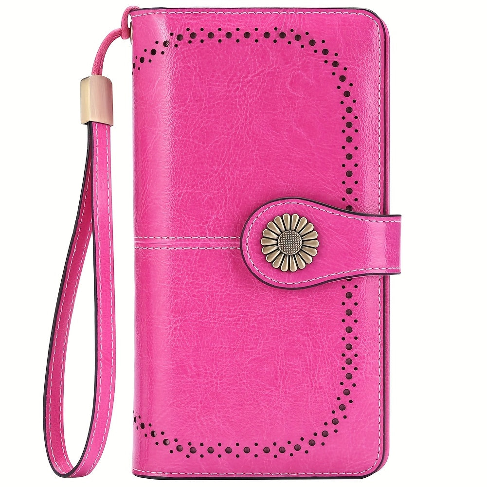 RFID Blocking Women's Genuine Leather Long Wallet with Sunflower Pattern - 24 Card Slots, Phone Pocket, ID Window & Zipper Wristlet, 2 Cash + 4 Receipt Compartments, Gift Box for Daily/Present Use