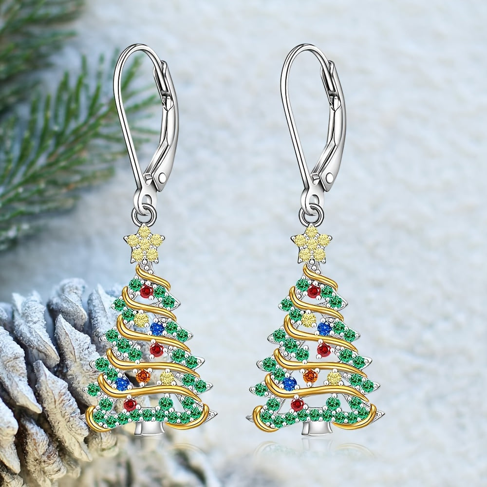 925 Sterling Silver Christmas Tree Earrings, Christmas Earrings Women Silver Ribbon, Green Christmas Tree Colorful Zirconia Frozen Earrings Earrings Holiday Jewelry Gifts for Women