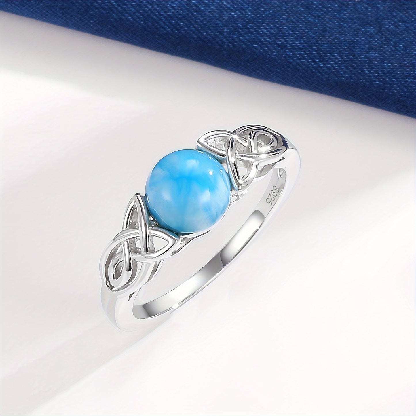 7mm Round Larimar Rings for Women Men, 925 Sterling Sliver Celtic Knot Rings Band Blue Faux Jewelry Gifts Wedding Engagement Luxury #5/6/7/8/9/10, Wedding Ring Set, Engagement Ring, Holiday Gift, Stylish Accessory, Elegant Je