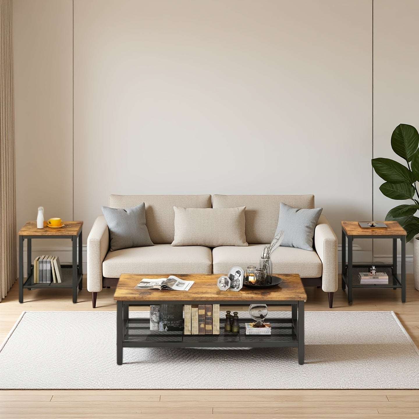 Industrial Coffee Table, Coffee Table Set Of 3 with 2 Square End Side Tables, Faux Marble Coffee Table with Metal Frame for Apartment Home Office, White Black