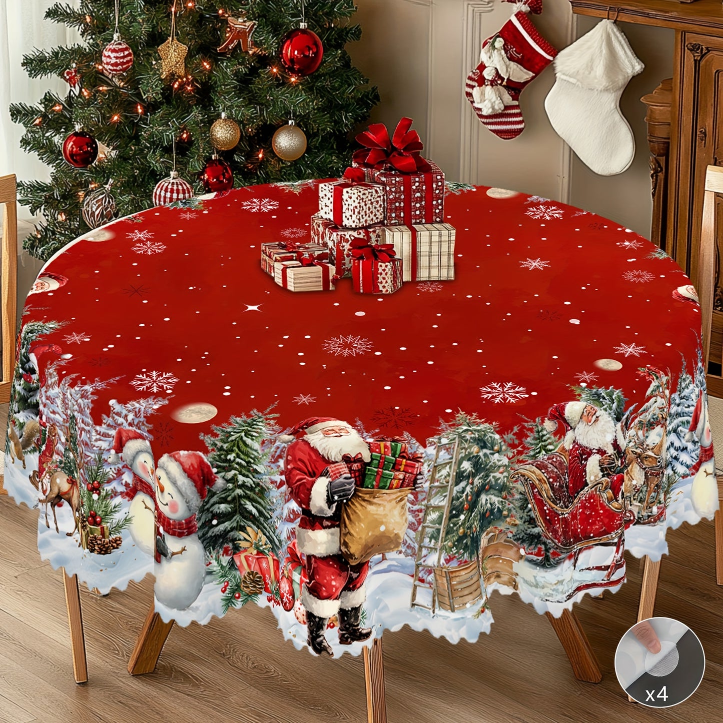 1pc Merry Christmas Themed Red Printed Tablecloth, Farmhouse Style, Santa Claus, Snowman, Snow Scenery Design, Christmas, New Year Gatherings, Parties Decor, Kitchen Accessories, Room&Outdoor Decor, Gift to Friends, Rectangul