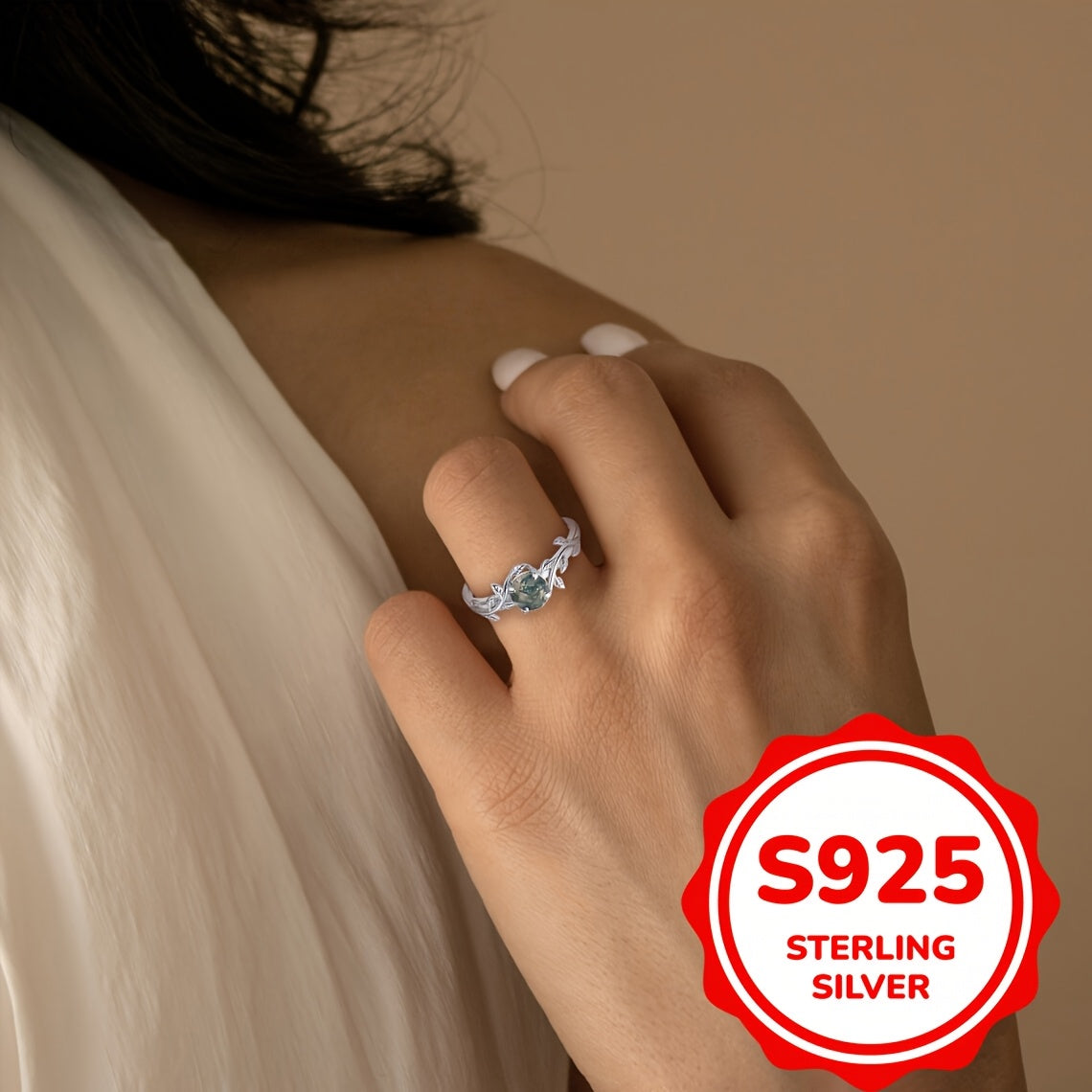 925 Sterling Silver Natural Green Moss Agate Ring Unique Engagement Promise Rings for Women Wedding Jewelry Gift (2. 8g)