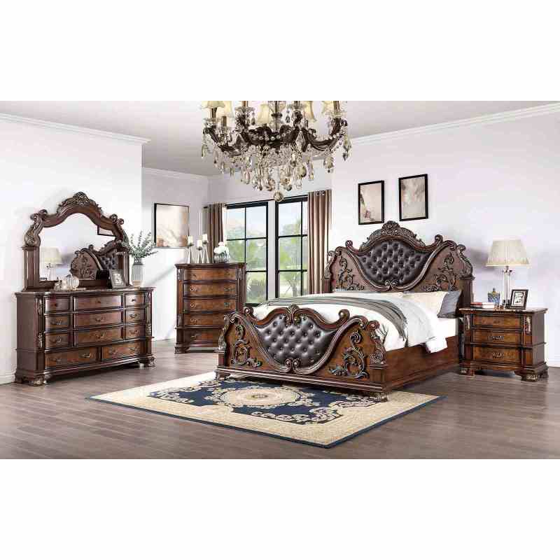 Luxurious Brown Cherry Traditional Queen Size Bed Tufted Leatherette HB FB 1pc Bed Bedroom Furniture Wooden