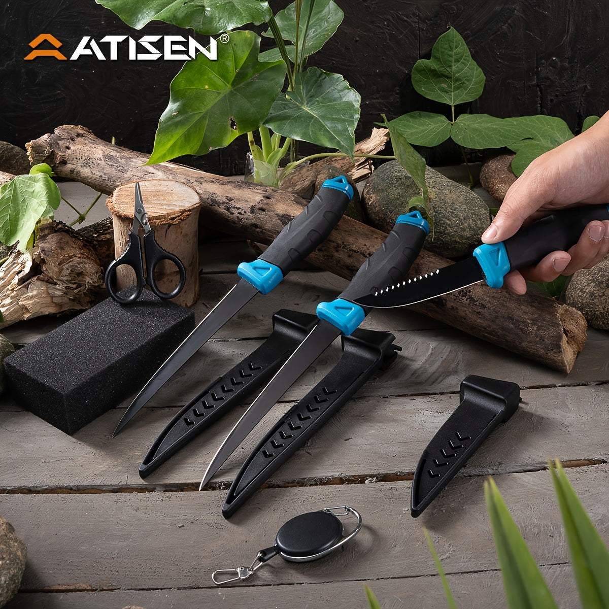 ATISEN 8pcs Fish Horn Knife Set, Fishing Set, Filleting Knife, Cutting Gloves, Cleaning Sponge, Fishing Line Cutter with Stretching Cord Loss Prevention, Wilderness Survival Knife, Outdoor Camping Supplies, Suitable Gifts for