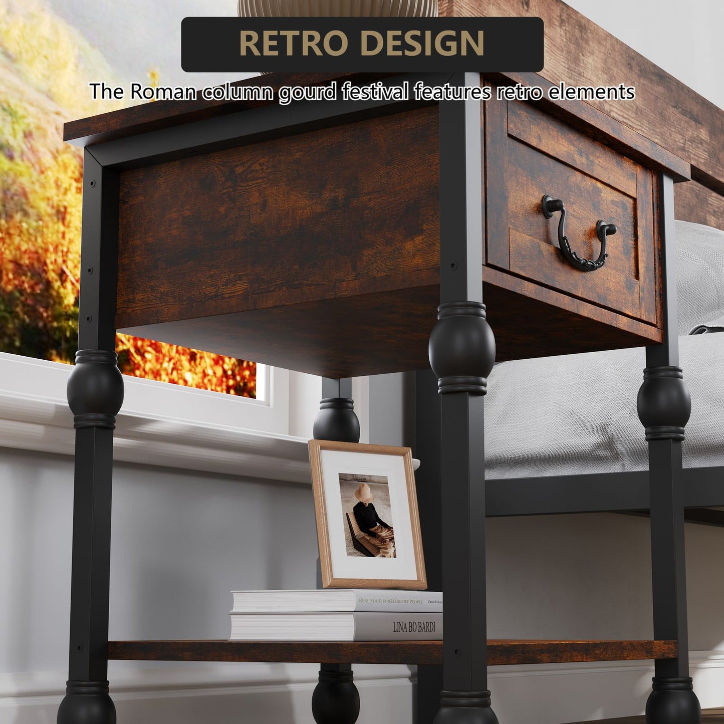 Industrial Style End Table in Brown, 2-Tier with Drawer for Bedroom, Living Room, and Compact Spaces