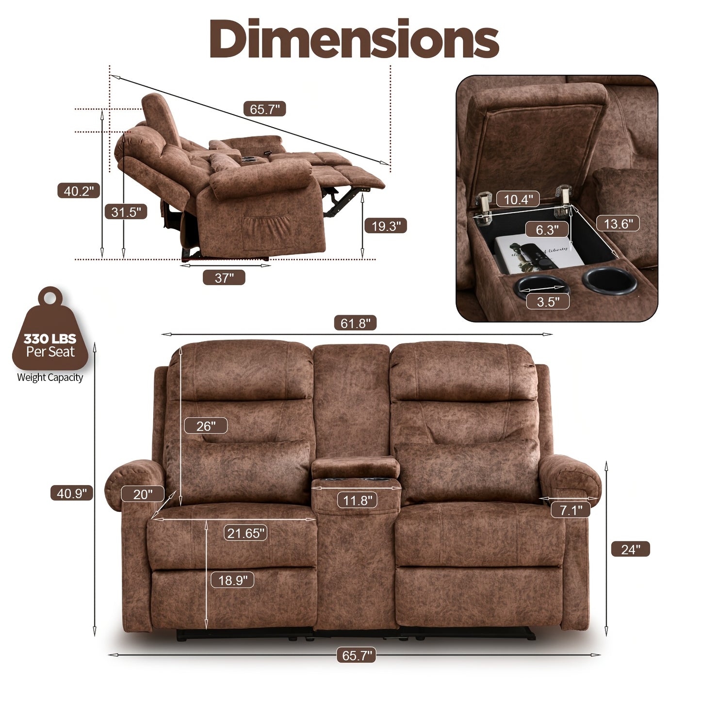 Manual RV Loveseat Recliner | Brown Velvet Cushion-back Sofa with Console, Cup Holders, Pockets for Living Room and Home Theater Seating, Metal Frame, Contemporary Style by VUYUYU