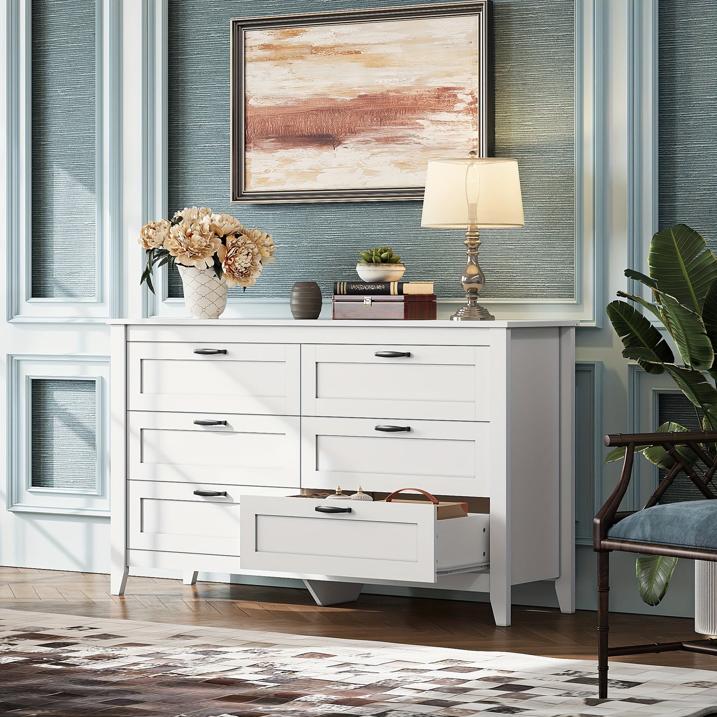 6 Drawer Dresser, Retro Chest Of Drawers with Metal Handle, Double Wood Dresser for Bedroom, Living Room, Large Storage Cabinet