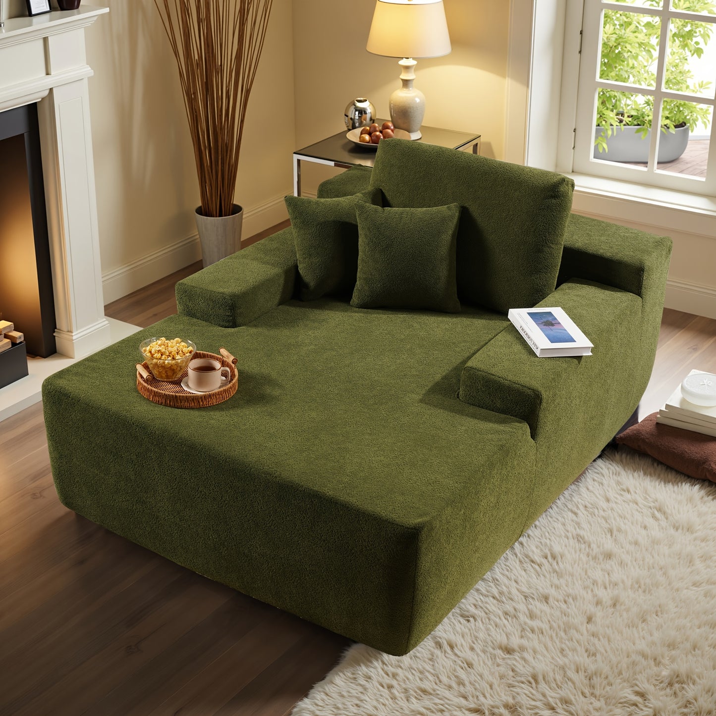 67" Oversized Boneless Lounge Chaise - Corduroy/Plush Fabric/Teddy Fleece Floor Couch with Pillows And Armrests | Deep Seat Single Sofa Bed with High Density Sponge Cushion | U Sleeper Couch for Living Room, Apartment, Bedroo